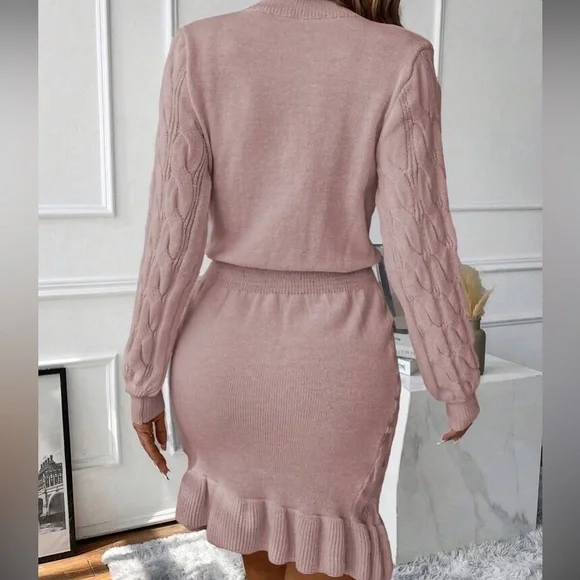 Cozy coffee brown ruffle hem cable knit sweater dress - Picture 12 of 16